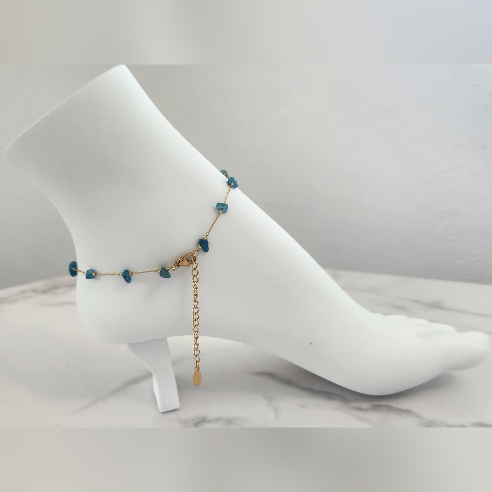 Dainty Minimalist Tuquoise Stone Stainless Steel Gold Plated Anklet Bracelet - Picture 6 of 13